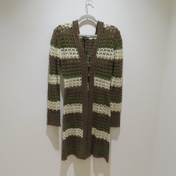 DOLLS KILL DELIA'S Striped Stunner Crochet Knit Cardigan Khaki Punk Goth NWT - Picture 2 of 15
